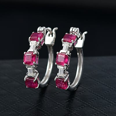 D'Joy Asscher Cut Niassa Ruby (FF) and Moissanite 3.15 ctw Linear Architecture Earrings in Rhodium Over Sterling Silver