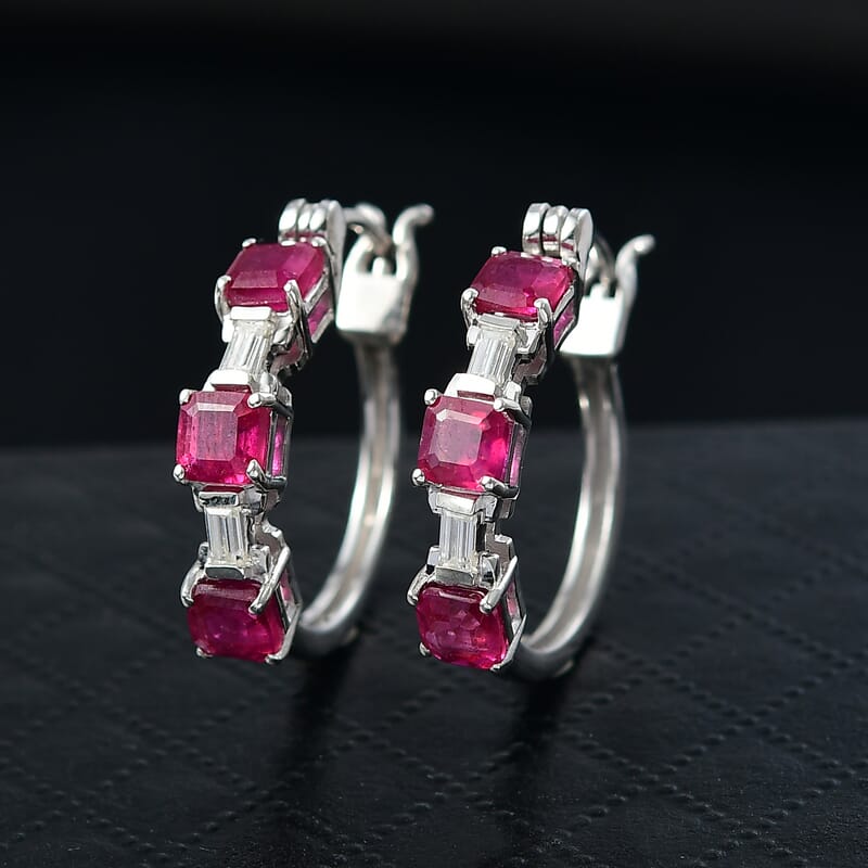 D'Joy Asscher Cut Niassa Ruby (FF) and Moissanite 3.15 ctw Linear Architecture Earrings in Rhodium Over Sterling Silver