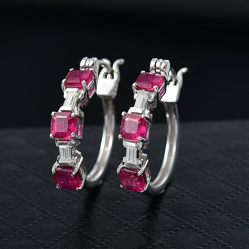 D'Joy Asscher Cut Niassa Ruby (FF) and Moissanite 3.15 ctw Linear Architecture Earrings in Rhodium Over Sterling Silver
