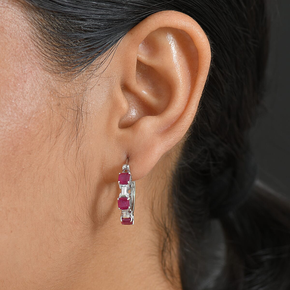 D'Joy Asscher Cut Niassa Ruby (FF) and Moissanite 3.15 ctw Linear Architecture Earrings in Rhodium Over Sterling Silver image number 2