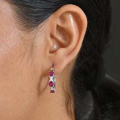 D'Joy Asscher Cut Niassa Ruby (FF) and Moissanite 3.15 ctw Linear Architecture Earrings in Rhodium Over Sterling Silver