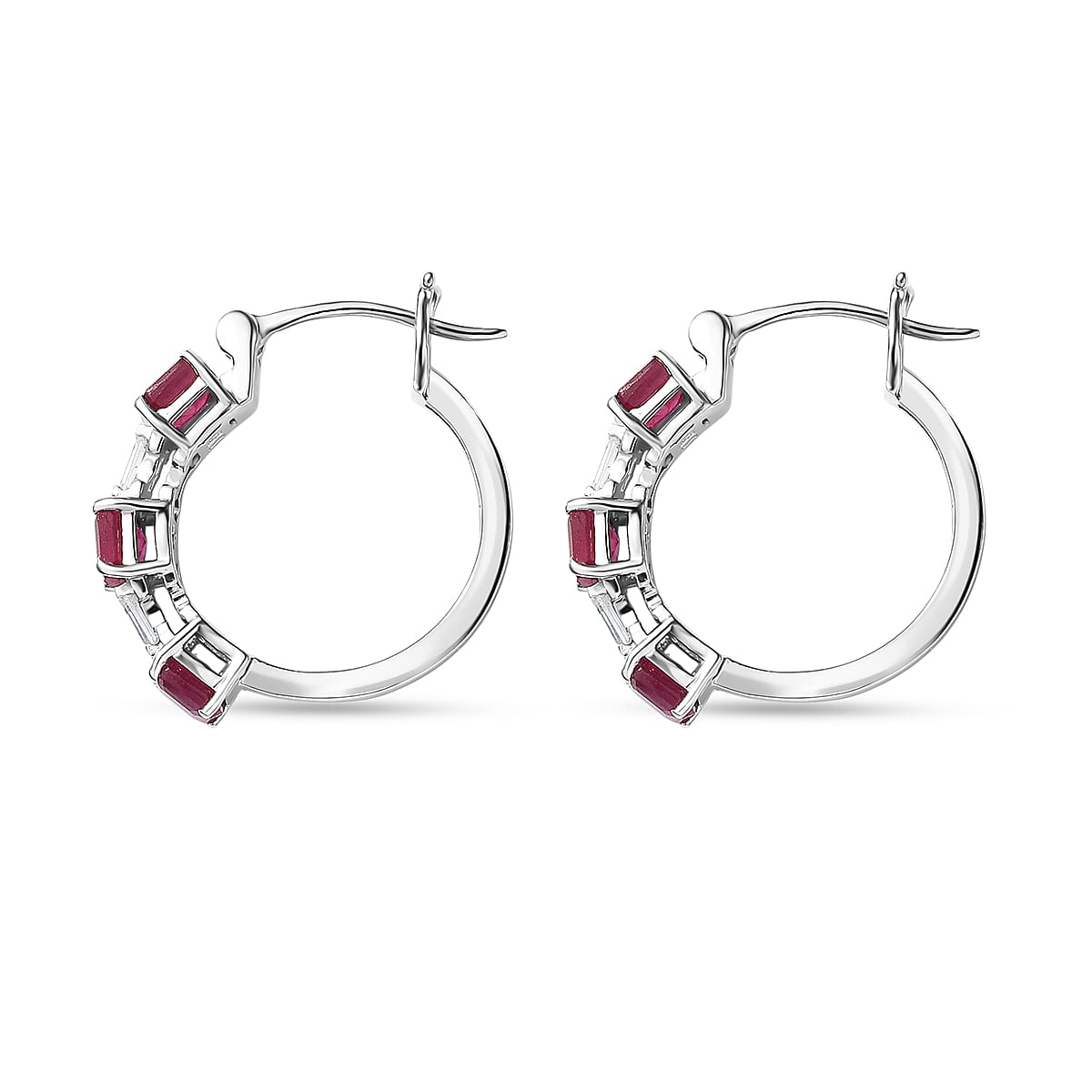 D'Joy Asscher Cut Niassa Ruby (FF) and Moissanite 3.15 ctw Linear Architecture Earrings in Rhodium Over Sterling Silver image number 3