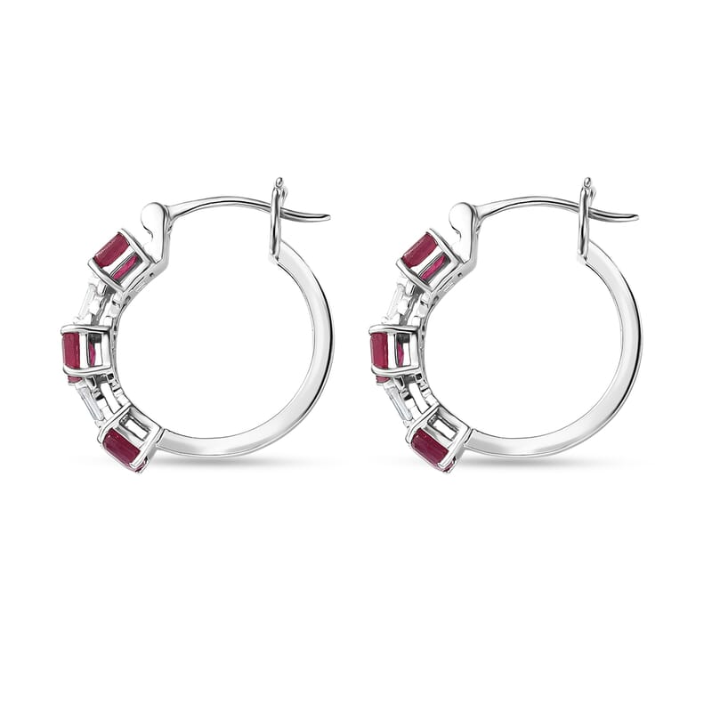 D'Joy Asscher Cut Niassa Ruby (FF) and Moissanite 3.15 ctw Linear Architecture Earrings in Rhodium Over Sterling Silver