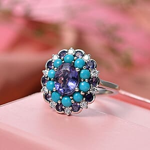 Doorbuster D'Joy Premium Catalina Iolite and Multi Gemstone 3.90 ctw Dynasty Bloom Ring in Rhodium Over Sterling Silver (Size 10.0)
