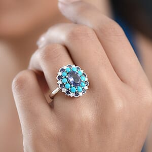 Doorbuster D'Joy Premium Catalina Iolite and Multi Gemstone 3.90 ctw Dynasty Bloom Ring in Rhodium Over Sterling Silver (Size 10.0)