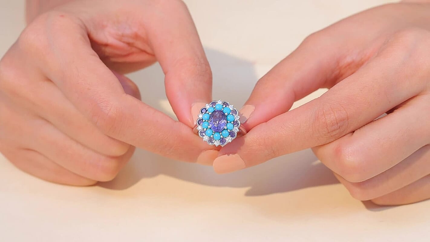 D'Joy Premium Catalina Iolite, Multi Gemstone Ring in Rhodium Over Sterling Silver (Size 10.0) 3.90 ctw