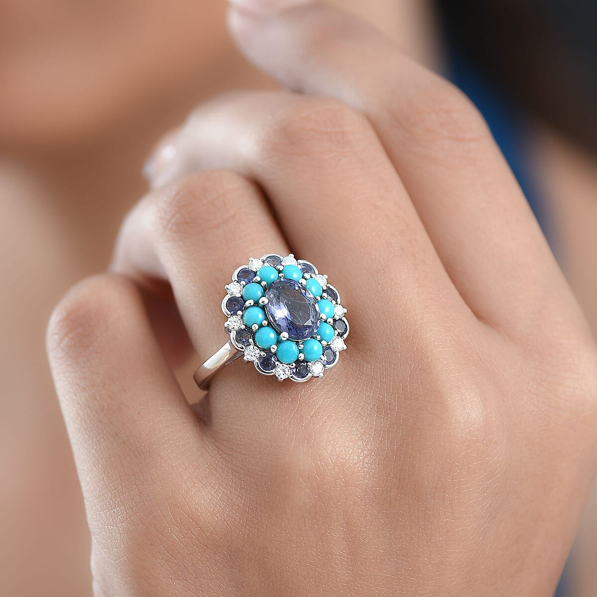  D'Joy Premium Catalina Iolite and Multi Gemstone 3.90 ctw Dynasty Bloom Ring in Rhodium Over Sterling Silver (Size 7.0) image number 2