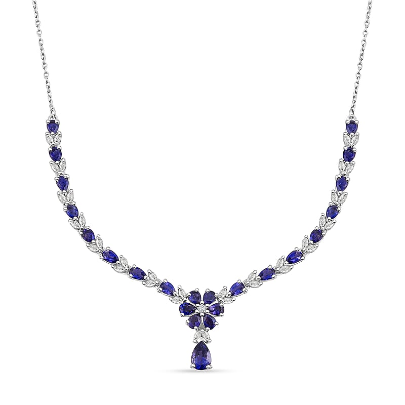 D'Joy Premium Catalina Iolite and Moissanite 4.70 ctw Royal Serenade Necklace in Rhodium Over Sterling Silver 18 Inches