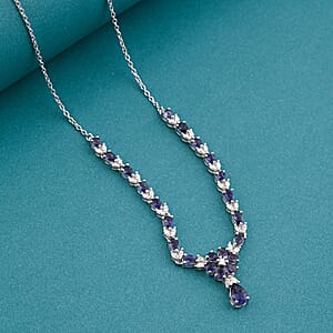 D'Joy Premium Catalina Iolite and Moissanite 4.70 ctw Royal Serenade Necklace in Rhodium Over Sterling Silver 18 Inches