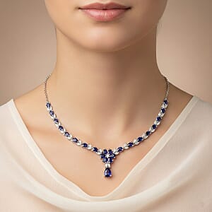 D'Joy Premium Catalina Iolite and Moissanite 4.70 ctw Royal Serenade Necklace in Rhodium Over Sterling Silver 18 Inches