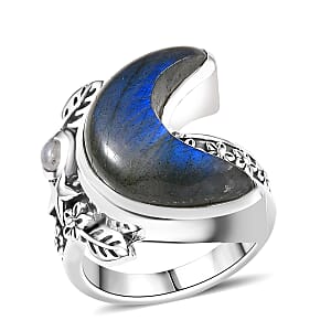 D'Joy Indian Artisan Crafted Malagasy Labradorite and Rainbow Moonstone 9.40 ctw Moon Star Ring in Sterling Silver (Size 10.0)