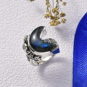 D'Joy Indian Artisan Crafted Malagasy Labradorite, Rainbow Moonstone Moon Star Ring in Sterling Silver 9.40 ctw (Size 10.0)