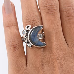 D'Joy Indian Artisan Crafted Malagasy Labradorite, Rainbow Moonstone Moon Star Ring in Sterling Silver 9.40 ctw (Size 10.0)
