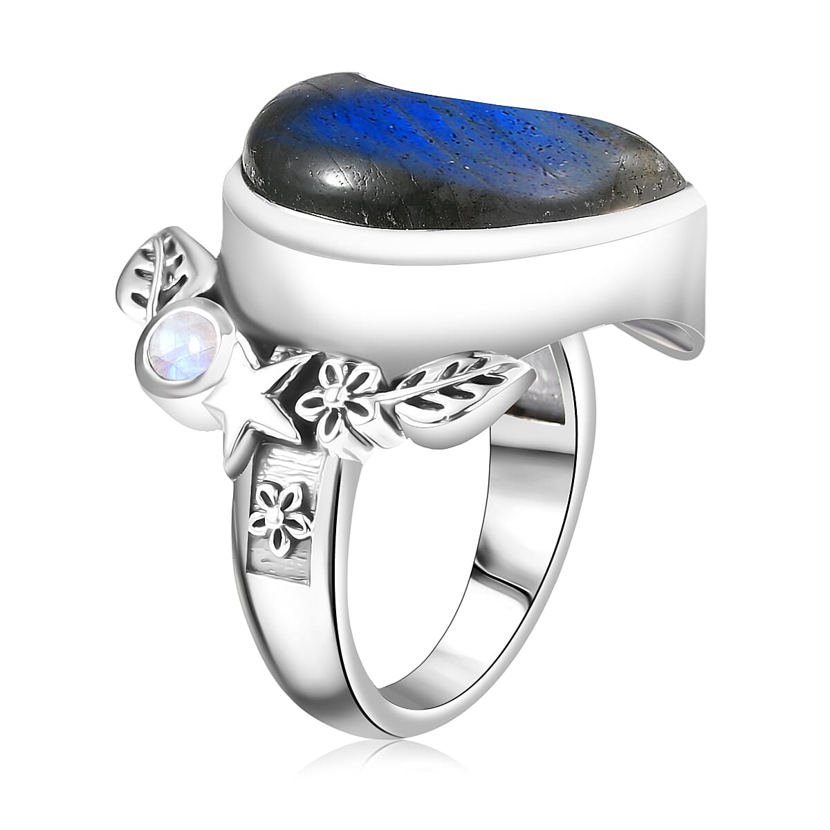 D'Joy Indian Artisan Crafted Malagasy Labradorite, Rainbow Moonstone Moon Star Ring in Sterling Silver 9.40 ctw (Size 10.0) image number 3