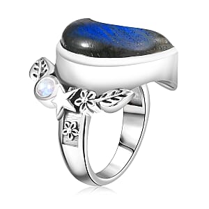 D'Joy Indian Artisan Crafted Malagasy Labradorite, Rainbow Moonstone Moon Star Ring in Sterling Silver 9.40 ctw (Size 10.0)