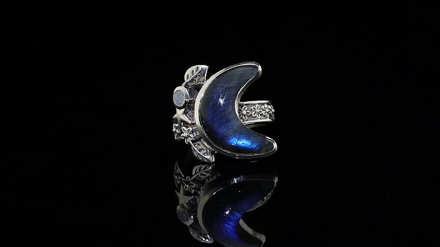D'Joy Indian Artisan Crafted Malagasy Labradorite, Rainbow Moonstone Ring in Sterling Silver (Size 10.0) 9.40 ctw
