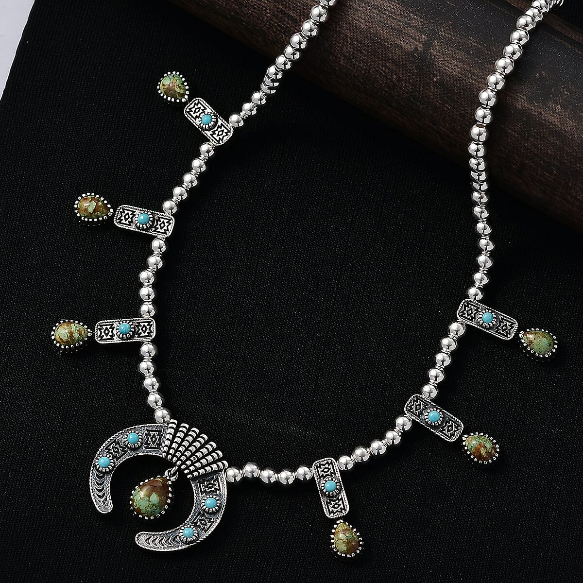 D'Joy Premium Royston Turquoise and Lagoon Turquoise 6.70 ctw Necklace in Black Oxidised Sterling Silver 18 Inches  image number 1