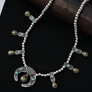 D'Joy Artisan Crafted Royston Turquoise, Lagoon Turquoise Necklace in Black Oxidised Sterling Silver 6.60 ctw (18-20 Inches)