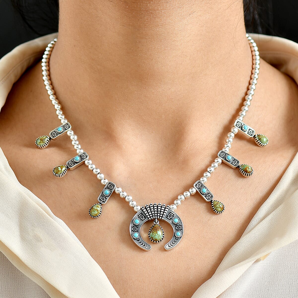 D'Joy Premium Royston Turquoise and Lagoon Turquoise 6.70 ctw Necklace in Black Oxidised Sterling Silver 18 Inches  image number 2