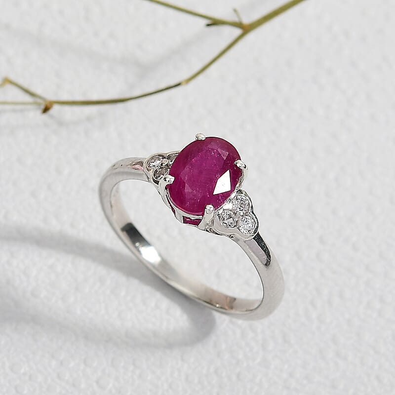 D'Joy Niassa Ruby (FF) and White Zircon 2.10 ctw Ring in Platinum Over Sterling Silver (Size 10.0)