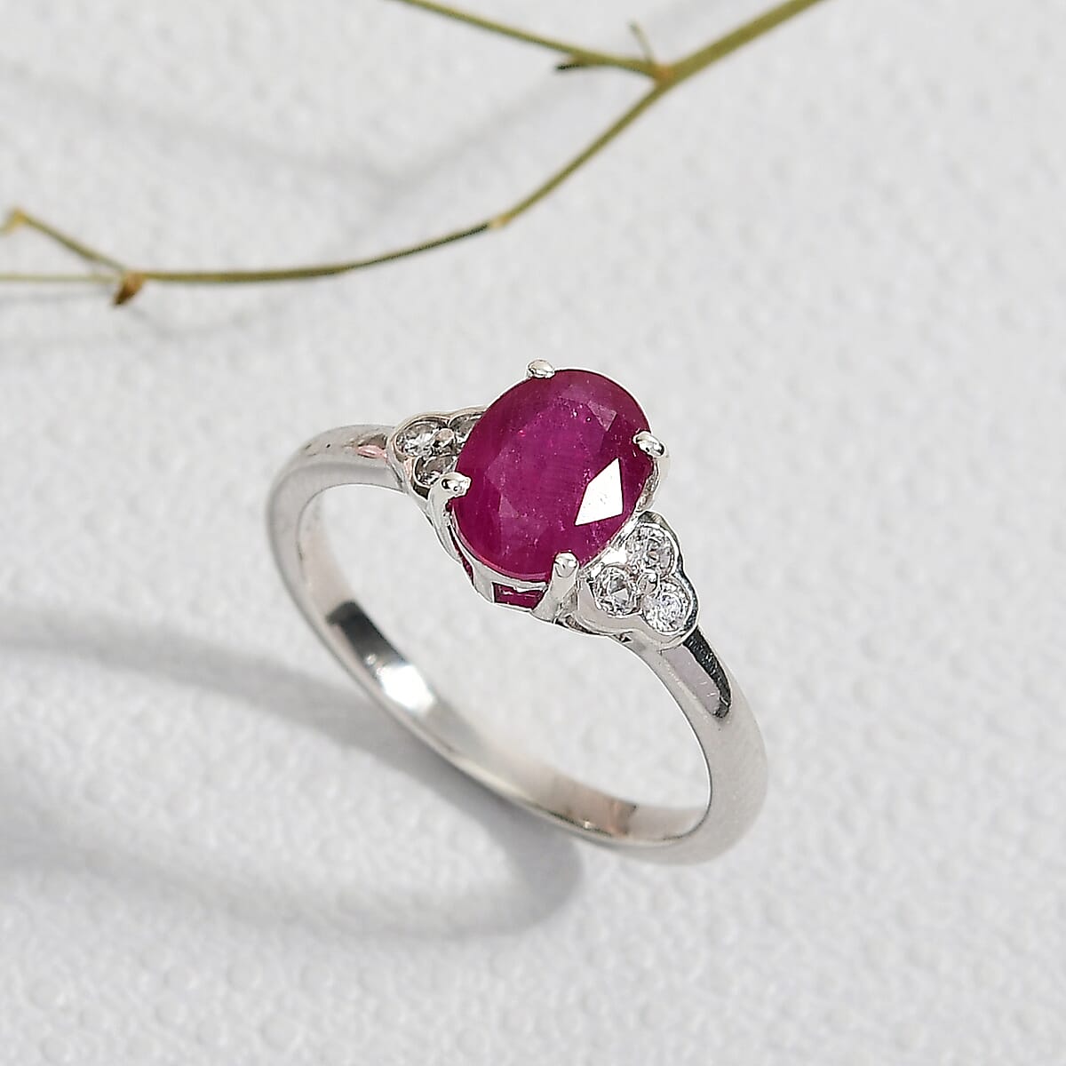 D'Joy Niassa Ruby (FF) and White Zircon 2.10 ctw Ring in Platinum Over Sterling Silver (Size 8.0) image number 1