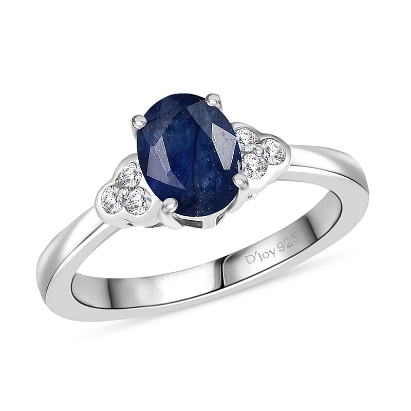 D'Joy Masoala Sapphire (D) and White Zircon 2.10 ctw Ring in Platinum Over Sterling Silver (Size 6.0)