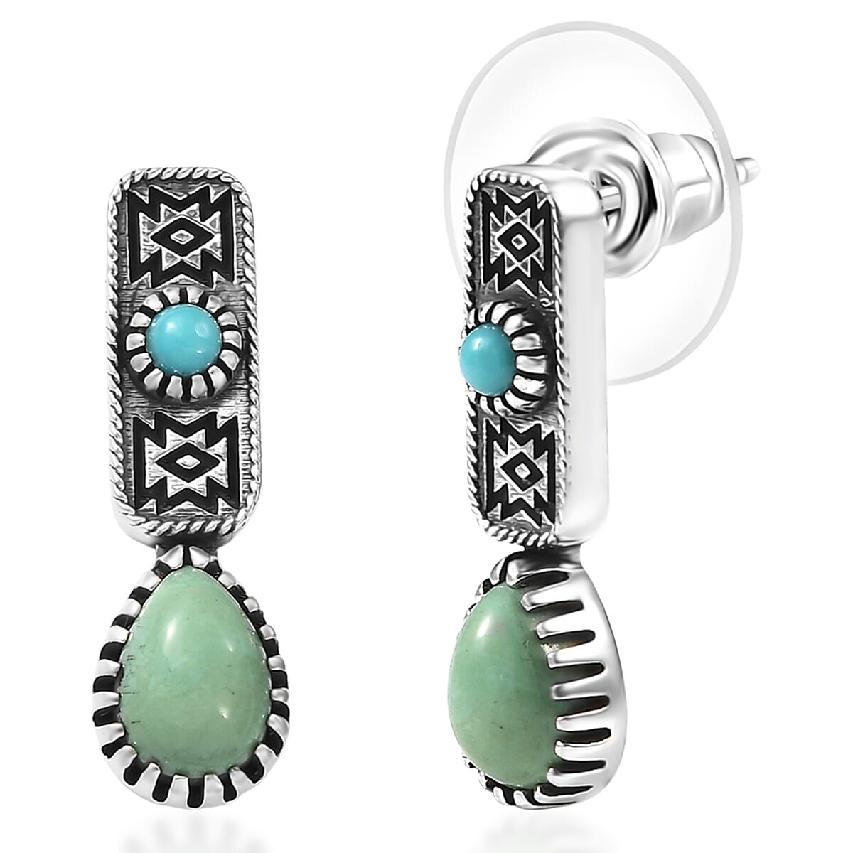 D'Joy Artisan Crafted Premium Royston Turquoise and Lagoon Turquoise 1.65 ctw Earrings in Black Oxidised Sterling Silver image number 0
