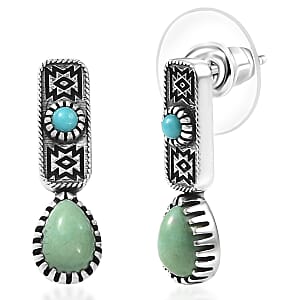 D'Joy Artisan Crafted Premium Royston Turquoise and Lagoon Turquoise 1.65 ctw Earrings in Black Oxidised Sterling Silver