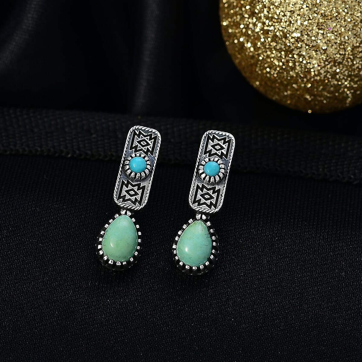 D'Joy Artisan Crafted Premium Royston Turquoise and Lagoon Turquoise 1.65 ctw Earrings in Black Oxidised Sterling Silver image number 1