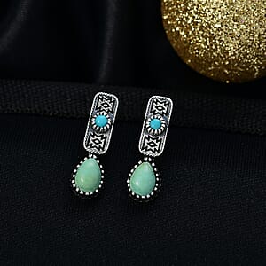 D'Joy Artisan Crafted Royston Turquoise, Lagoon Turquoise Earrings in Black Oxidised Sterling Silver 1.65 ctw