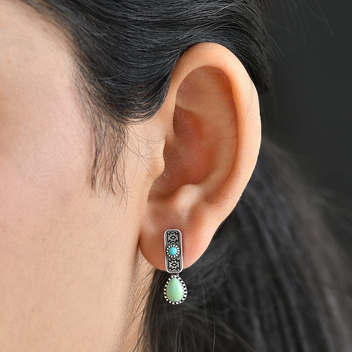 D'Joy Artisan Crafted Premium Royston Turquoise and Lagoon Turquoise 1.65 ctw Earrings in Black Oxidised Sterling Silver image number 2