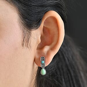 D'Joy Artisan Crafted Royston Turquoise, Lagoon Turquoise Earrings in Black Oxidised Sterling Silver 1.65 ctw