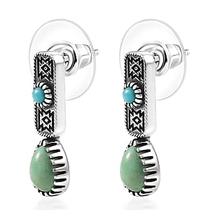 D'Joy Artisan Crafted Royston Turquoise, Lagoon Turquoise Earrings in Black Oxidised Sterling Silver 1.65 ctw