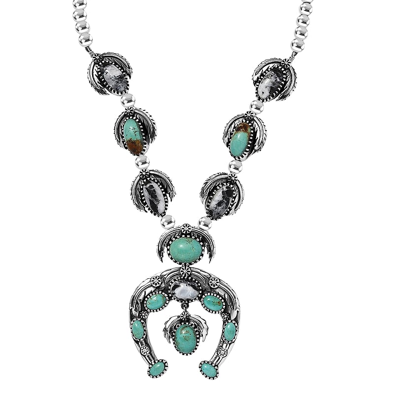 D'Joy Artisan Crafted Royston Turquoise, White Buffalo Squash Blossom Necklace in Black Oxidised Sterling Silver 14.50 ctw (18-20 Inches)