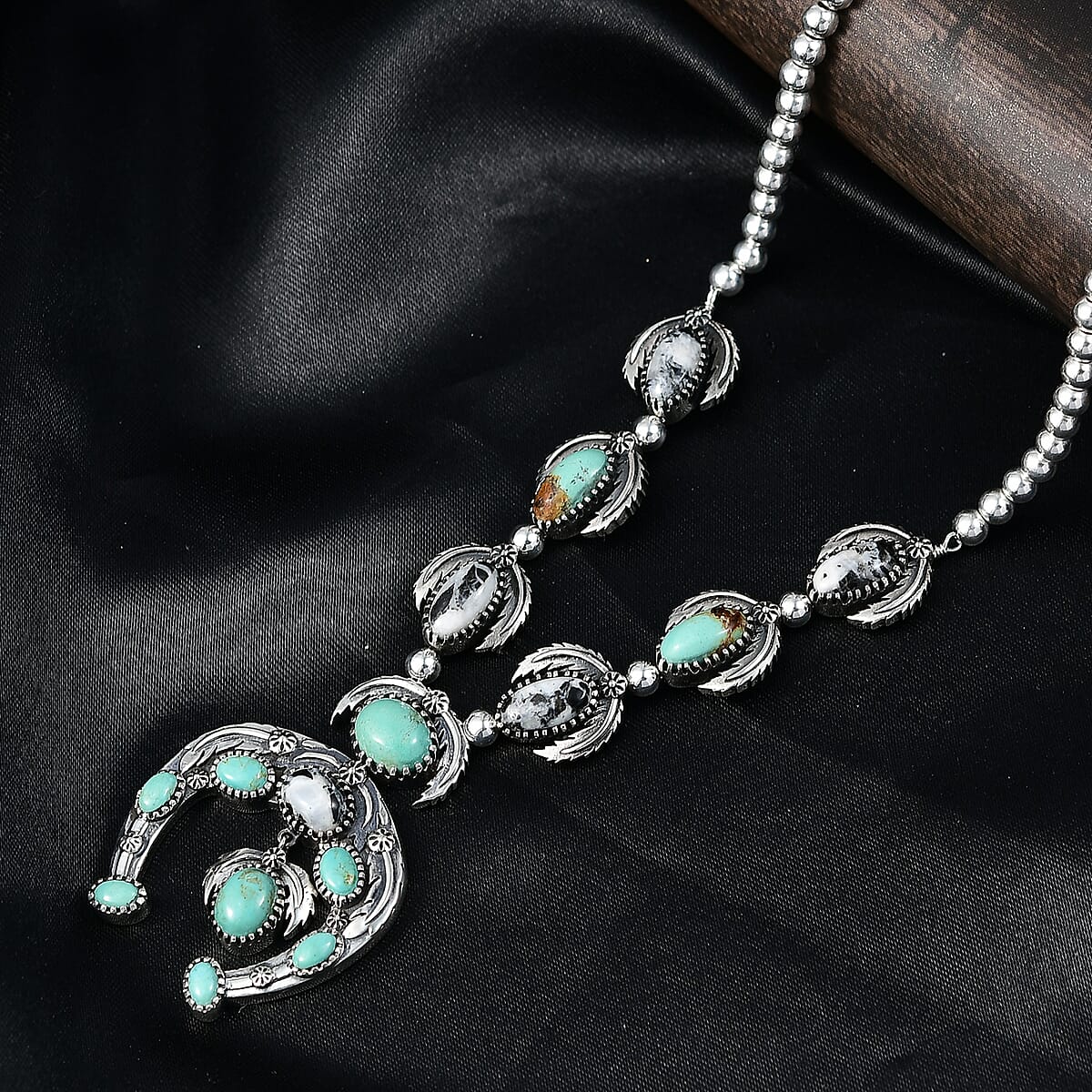 D'Joy Artisan Crafted Premium Royston Turquoise and White Buffalo 14.25 ctw Squash Blossom Necklace in Black Oxidised Sterling Silver 18-20 Inches image number 1