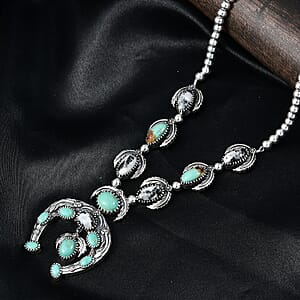 D'Joy Artisan Crafted Royston Turquoise, White Buffalo Squash Blossom Necklace in Black Oxidised Sterling Silver 14.50 ctw (18-20 Inches)