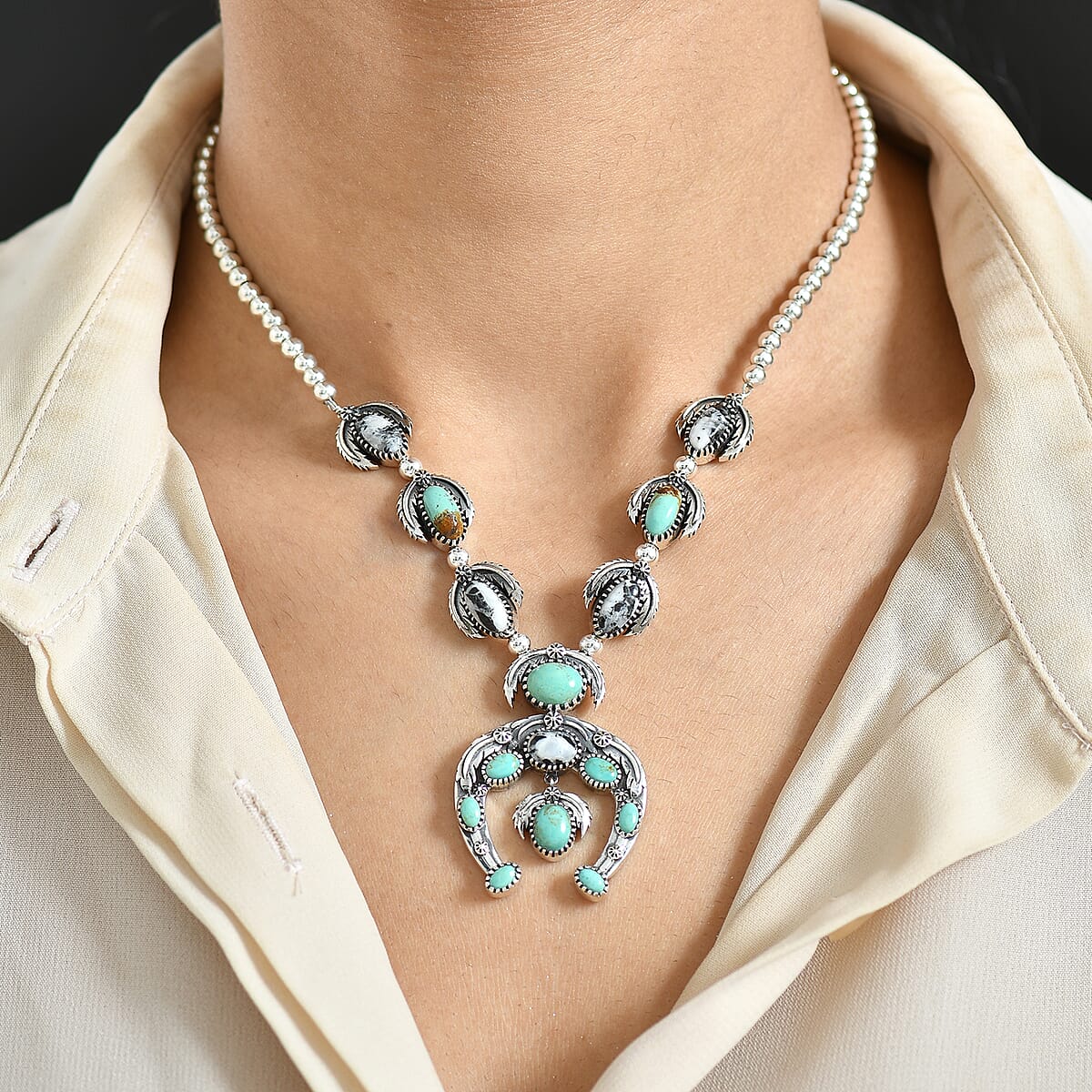 D'Joy Artisan Crafted Premium Royston Turquoise and White Buffalo 14.25 ctw Squash Blossom Necklace in Black Oxidised Sterling Silver 18-20 Inches image number 2
