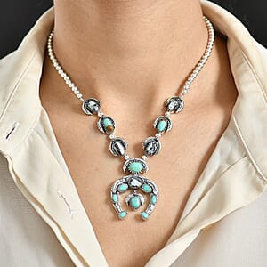 D'Joy Artisan Crafted Royston Turquoise, White Buffalo Squash Blossom Necklace in Black Oxidised Sterling Silver 14.50 ctw (18-20 Inches)