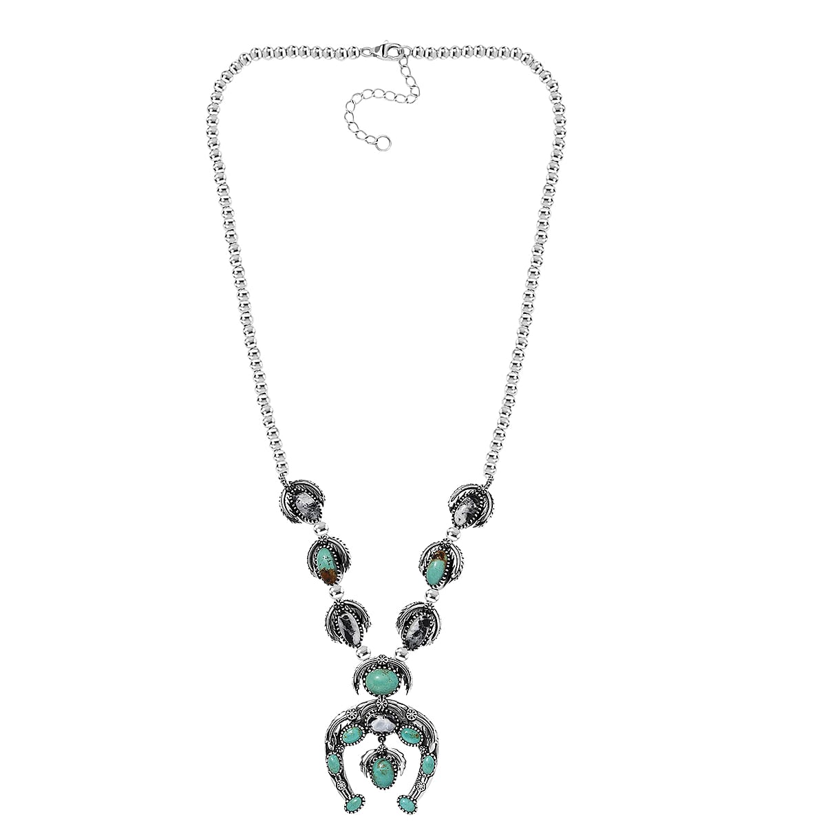 D'Joy Artisan Crafted Premium Royston Turquoise and White Buffalo 14.25 ctw Squash Blossom Necklace in Black Oxidised Sterling Silver 18-20 Inches image number 3