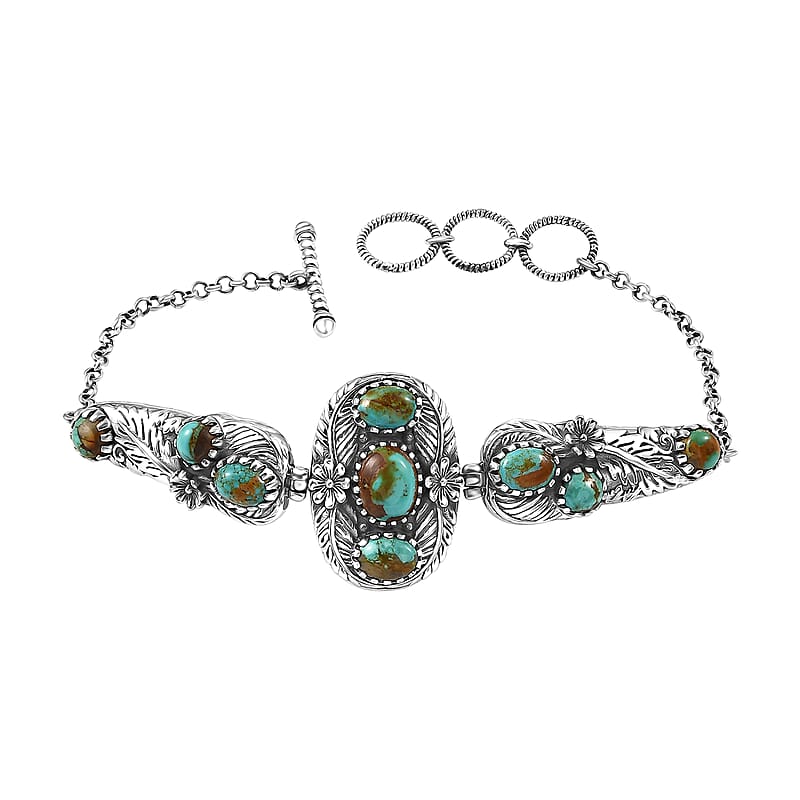 D'Joy Artisan Crafted Premium Royston Turquoise 7.50 ctw Bracelet in Black Oxidised Sterling Silver (6.50-8.0In)