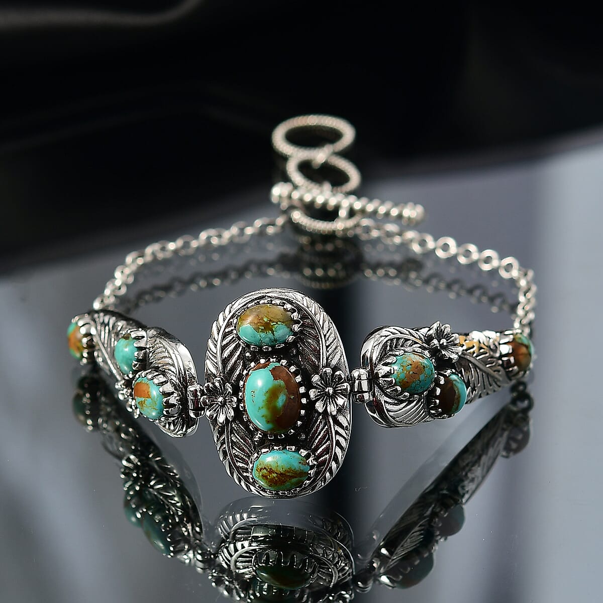 D'Joy Artisan Crafted Premium Royston Turquoise 7.50 ctw Bracelet in Black Oxidised Sterling Silver (7.25 In) image number 1
