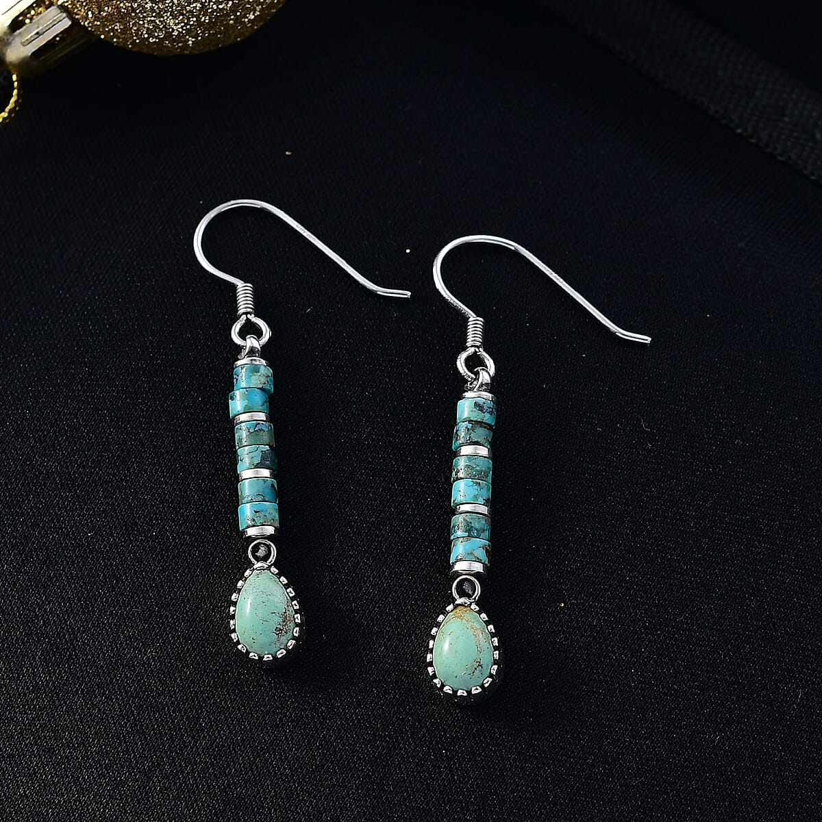 D'Joy Artisan Crafted Premium Royston Turquoise 7.00 ctw Earrings in Black Oxidised Sterling Silver image number 1