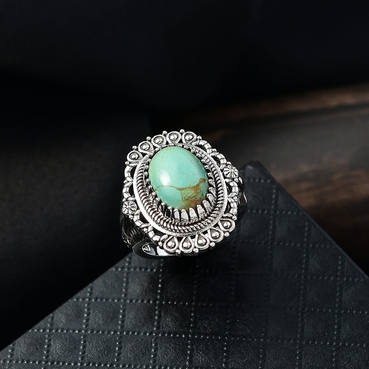 D'Joy Artisan Crafted  Royston Turquoise Ring in Black Oxidised Sterling Silver 5.40 ctw (Size 6.0) image number 1