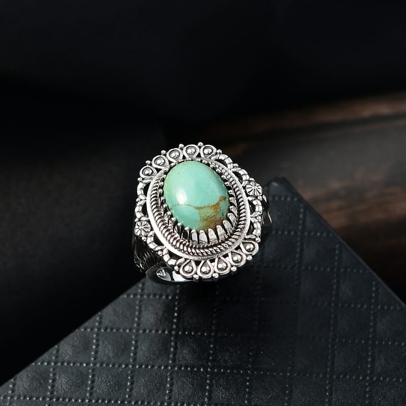 D'Joy Royston Turquoise Artisan Crafted Ring in Black Oxidised Sterling Silver 5.40 ctw (Size 7.0)
