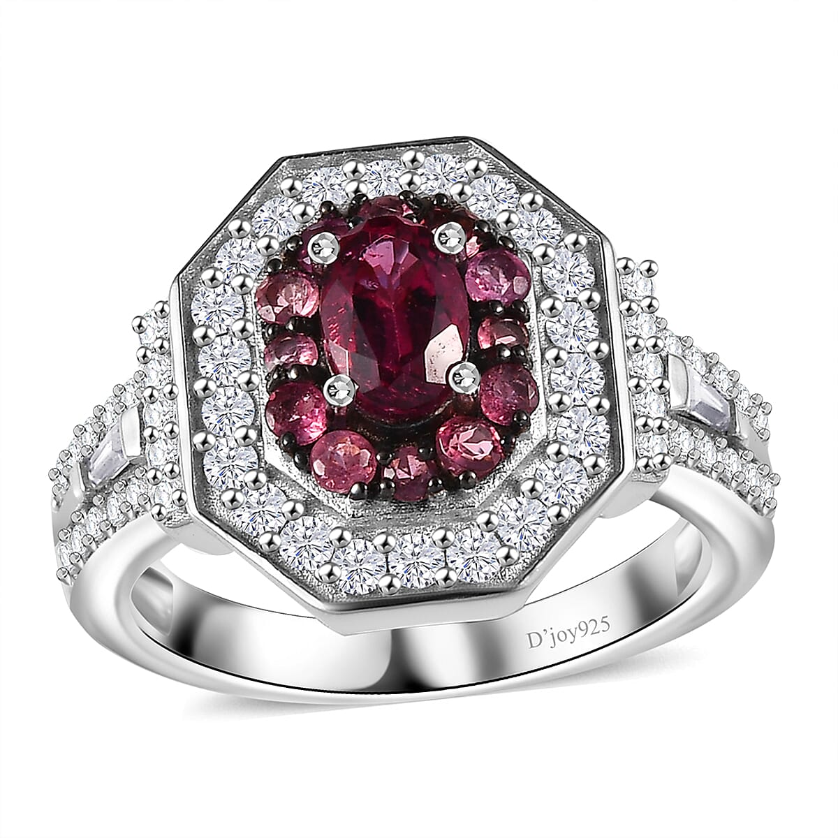 Ouro Fino Rubellite and Moissanite 1.50 ctw Double Halo Ring in Rhodium Over Sterling Silver (Size 6.0)