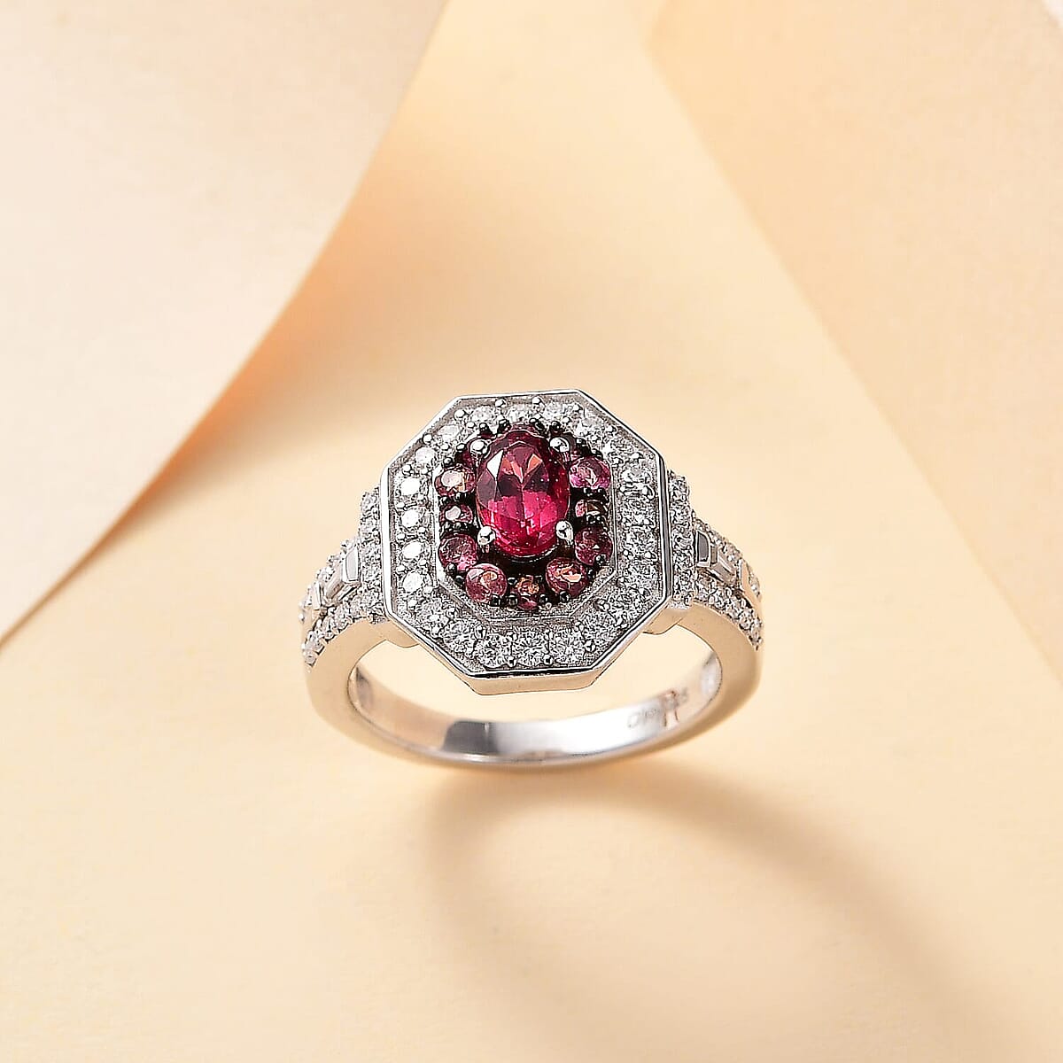 Doorbuster D'Joy Ouro Fino Rubellite and Moissanite 1.50 ctw Art Deco Ring in Rhodium Over Sterling Silver (Size 5.0) image number 1
