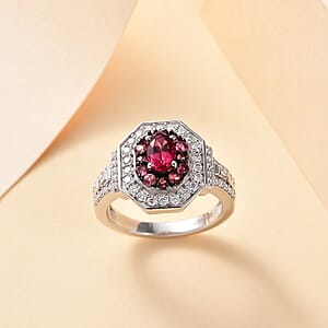  D'Joy Ouro Fino Rubellite and Moissanite 1.50 ctw Art Deco Ring in Rhodium Over Sterling Silver (Size 5.0)