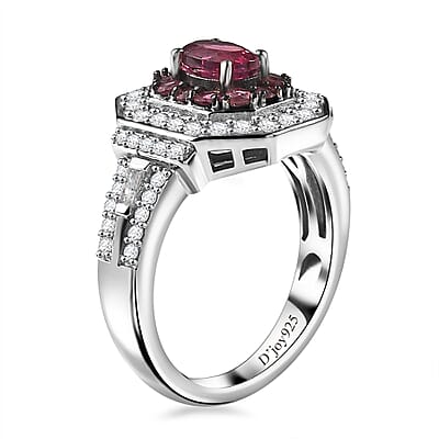 D'Joy Ouro Fino Rubellite and Moissanite 1.50 ctw Art Deco Ring in Rhodium Over Sterling Silver (Size 5.0)