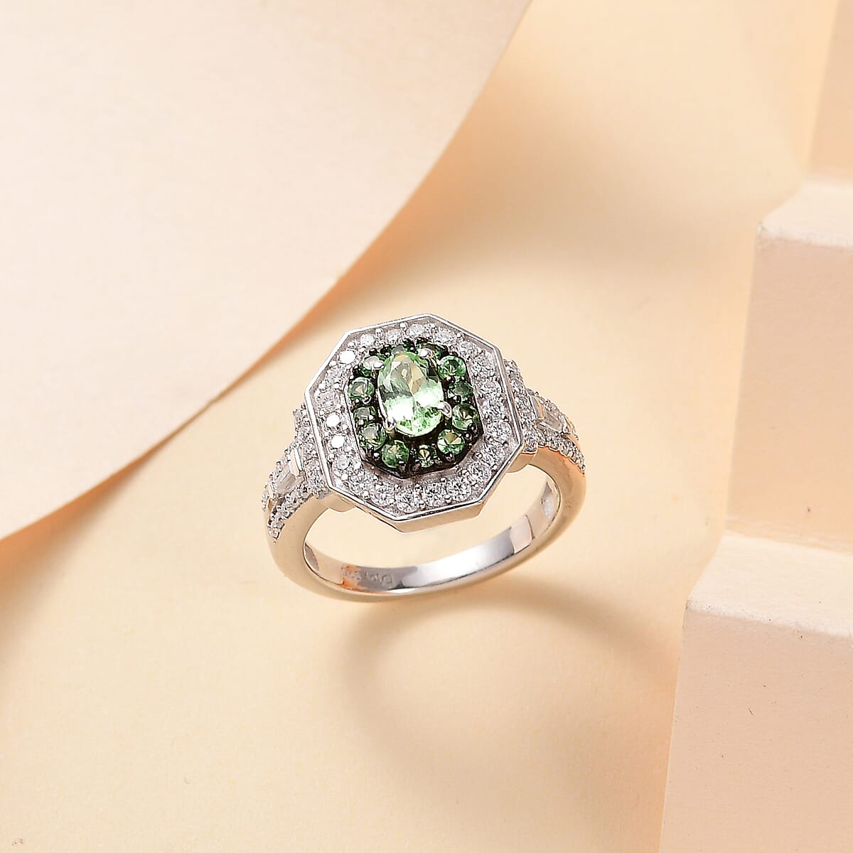  D'Joy Mint Tsavorite Garnet and Moissanite 1.60 ctw Art Deco Ring in Rhodium Over Sterling Silver (Size 5.0) image number 1