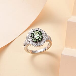  D'Joy Mint Tsavorite Garnet and Moissanite 1.60 ctw Art Deco Ring in Rhodium Over Sterling Silver (Size 5.0)